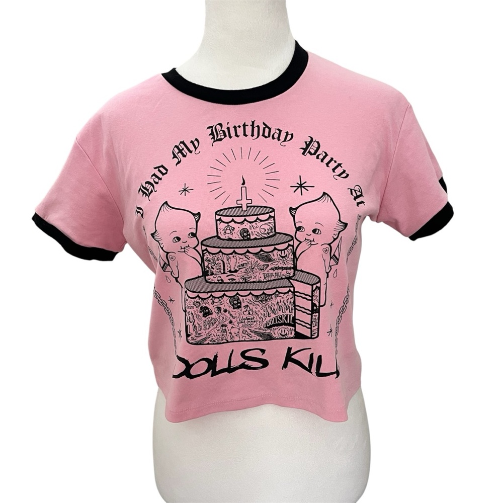 Dolls Kill Pink Black Baby Tee TShirt I had My Birthday Party At Crop‎ Small